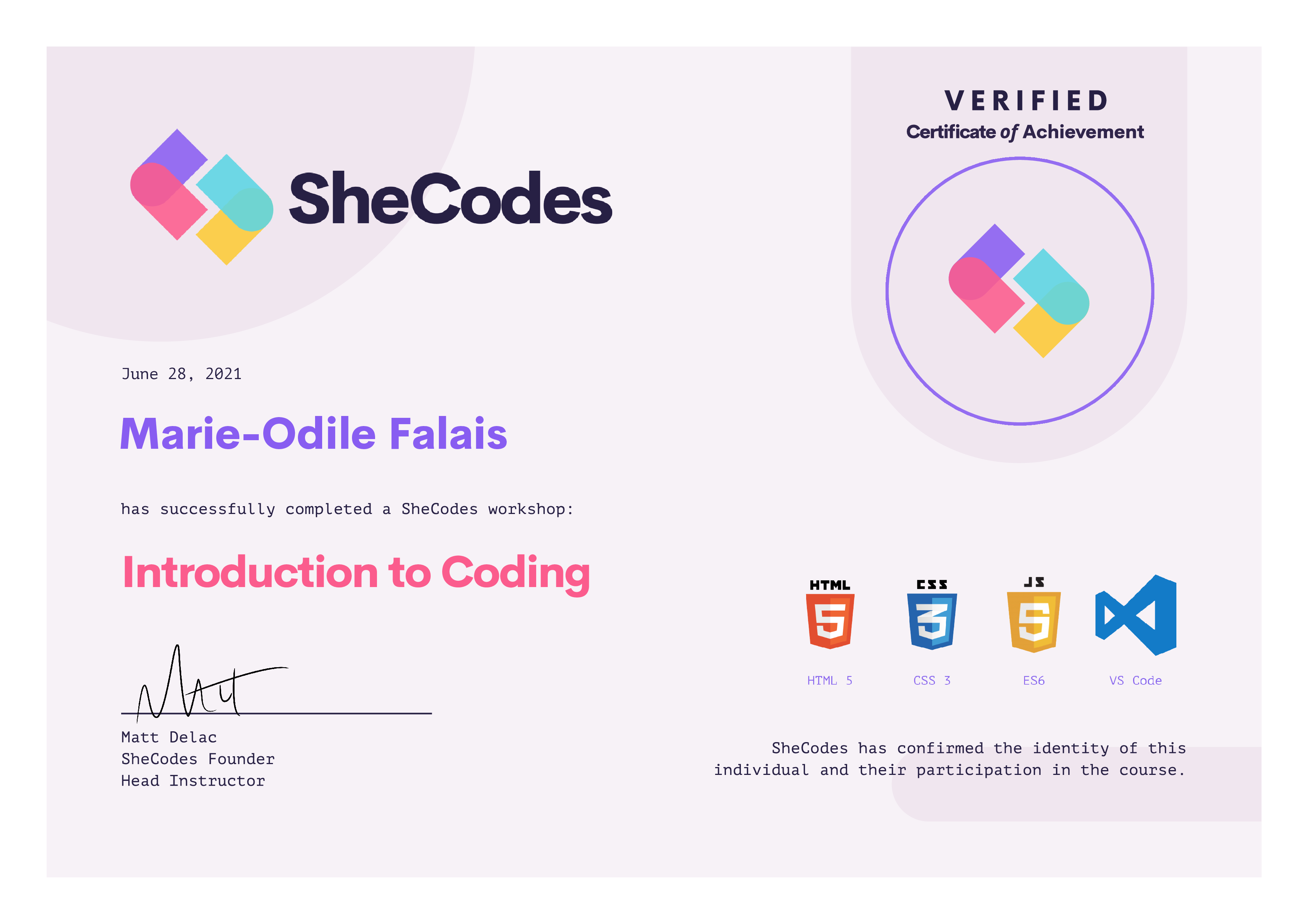 Marie-Odile Introduction Certificate